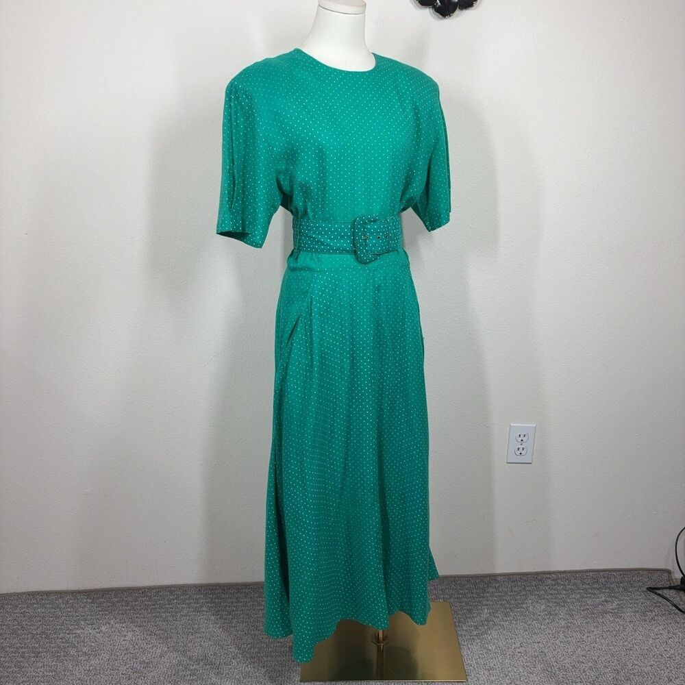Vintage Rabbit Rabbit Rabbit Dress Womens 8 Green Polka Dot Midi Rockabilly Trad
